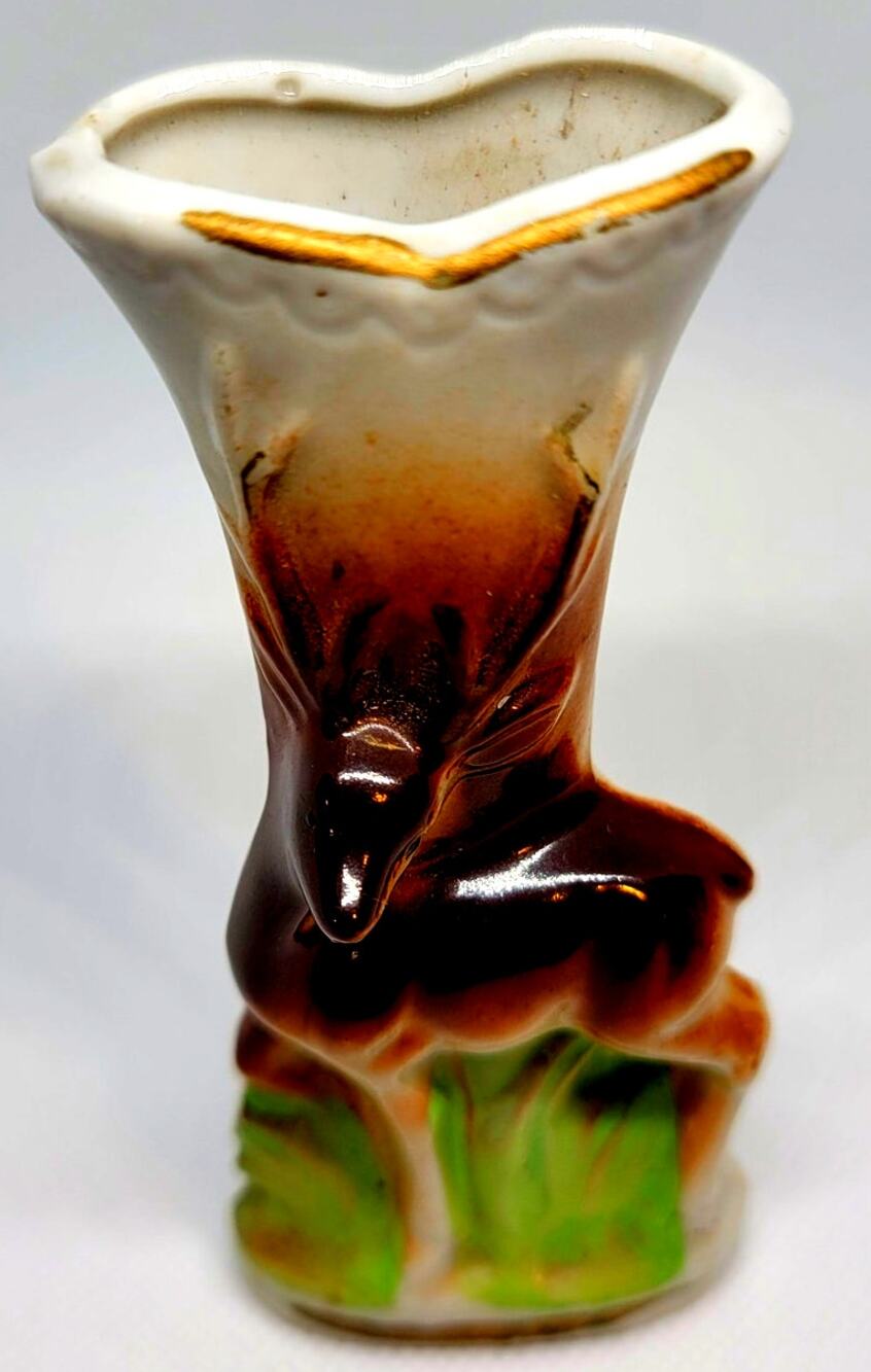 Vintage Mid -Century Ceramic Deer Bud Vase Shaped Like Small Buck in Woods Japan